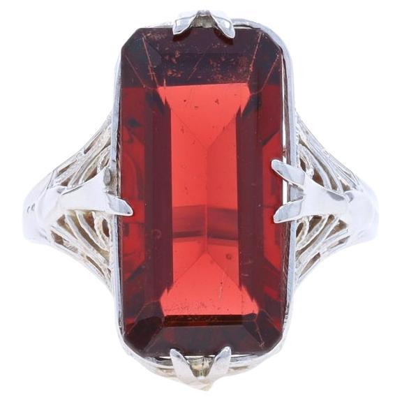 White Gold Garnet Art Deco Cocktail Solitaire Ring -14k Rect Step 5.04ct Vintage