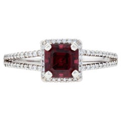 Verlobungsring aus Weißgold mit Granat und Diamant-Halo, 14k Asscher-Schliff, 1,66 Karat