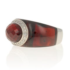 White Gold Garnet and Diamond Halo Ring, 18 Karat Oval Checkerboard .25 Carat