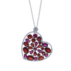 White Gold Garnet & Diamond Heart Cluster Necklace 18" - 14k Oval 9.30ctw Love