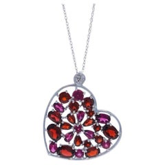 White Gold Garnet & Diamond Heart Cluster Necklace 18" - 14k Oval 9.30ctw Love