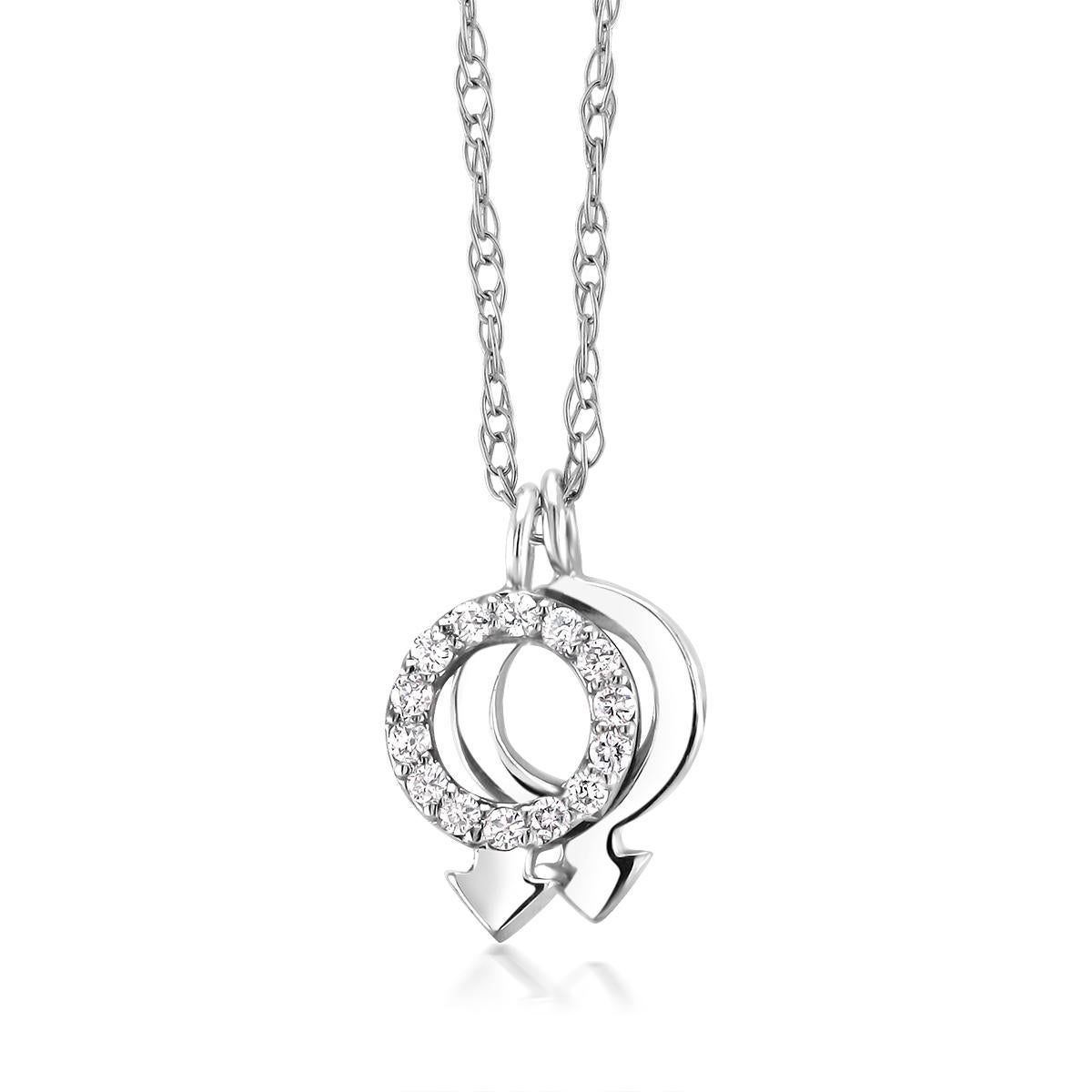 14 karat white gold necklace pendant with two gender shape diamond charms 
Chain 18