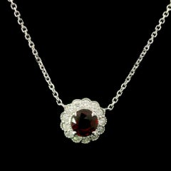 White Gold GIA 0.92ctw Round Ruby Diamond Flower Cluster Pendant Necklace
