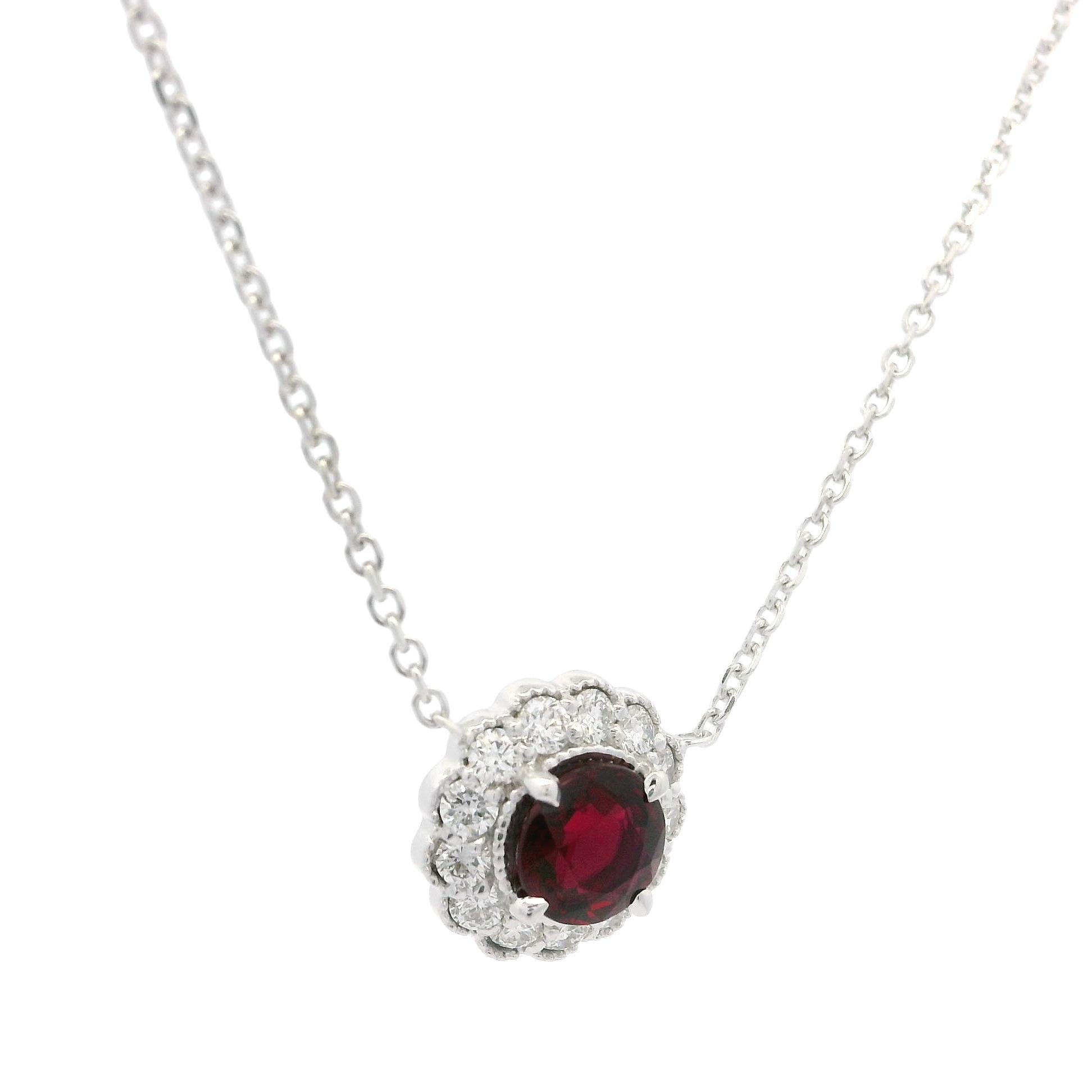 Collana con ciondolo a fiore in oro bianco GIA 0,92ctw rubino rotondo e diamante in vendita 3