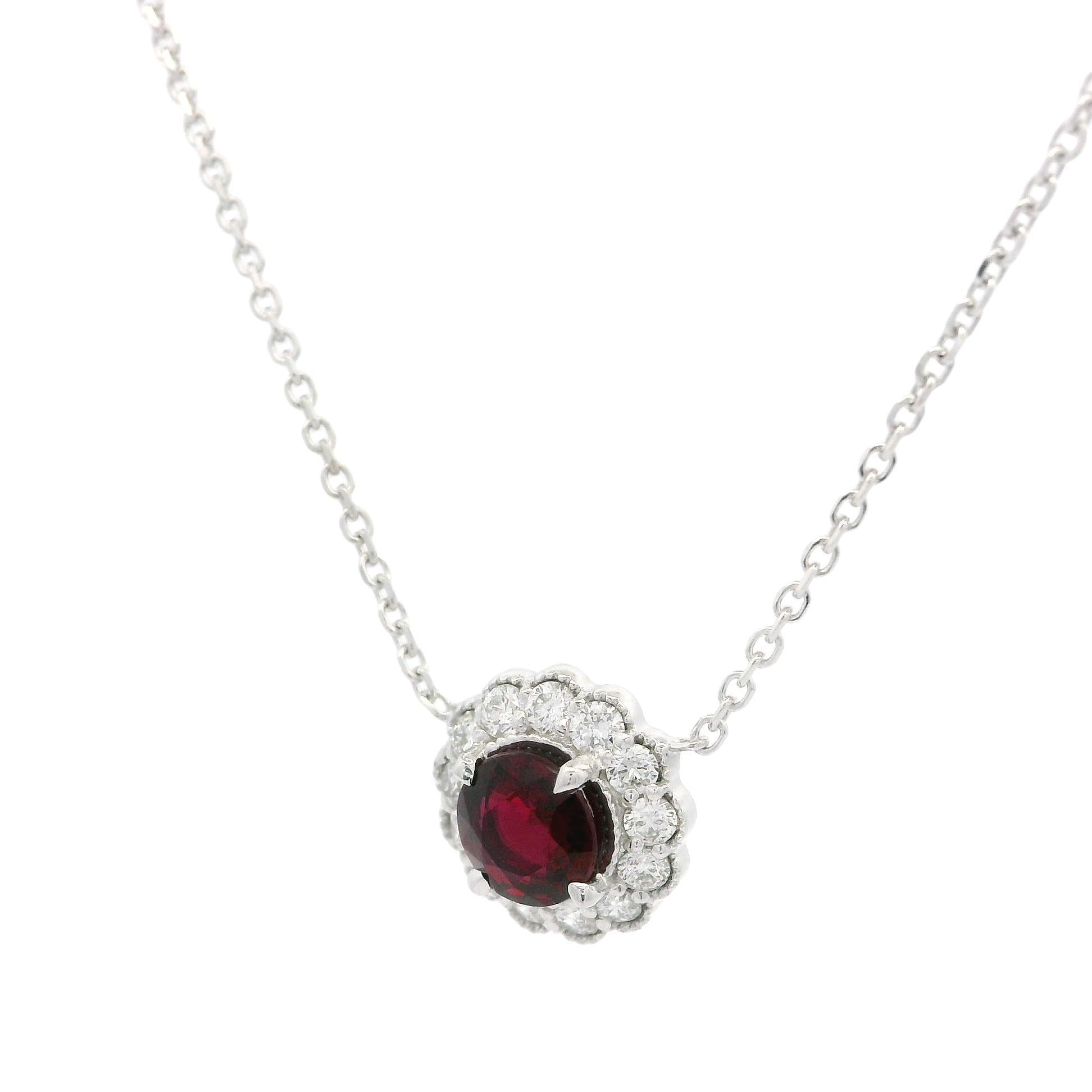 Collana con ciondolo a fiore in oro bianco GIA 0,92ctw rubino rotondo e diamante in vendita 4