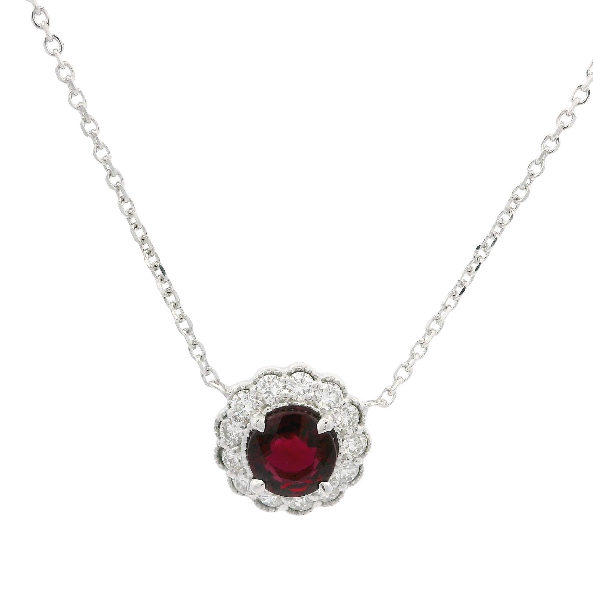 White Gold GIA 0.92ctw Round Ruby Diamond Flower Cluster Pendant Necklace