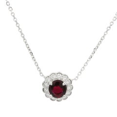White Gold GIA 0.92ctw Round Ruby Diamond Flower Cluster Pendant Necklace