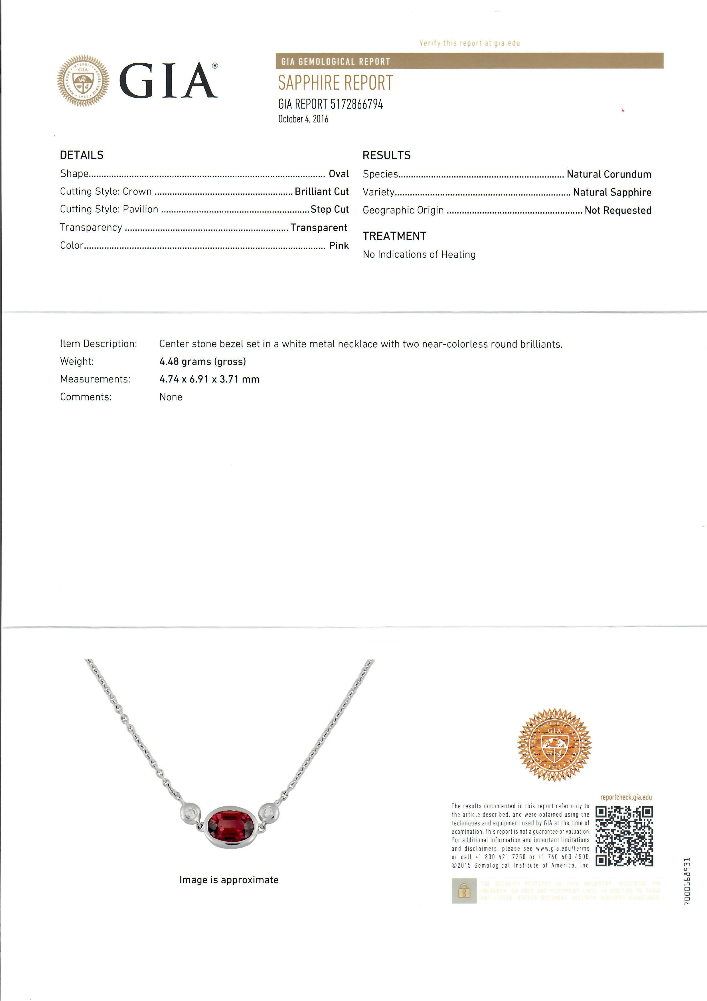 White Gold GIA 1.13ctw No Heat Reddish Pink Sapphire Bezel Pendant Necklace For Sale 2
