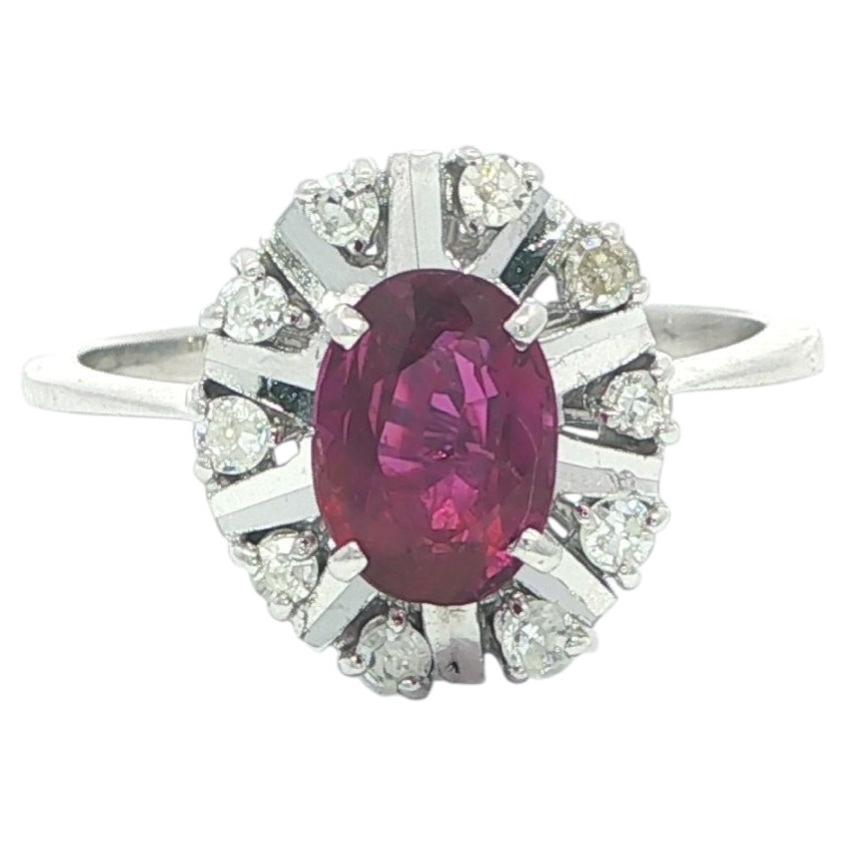 White Gold GIA 1.16ct Oval No Heat Ruby w/ Diamond Petite Halo Illusion Ring For Sale