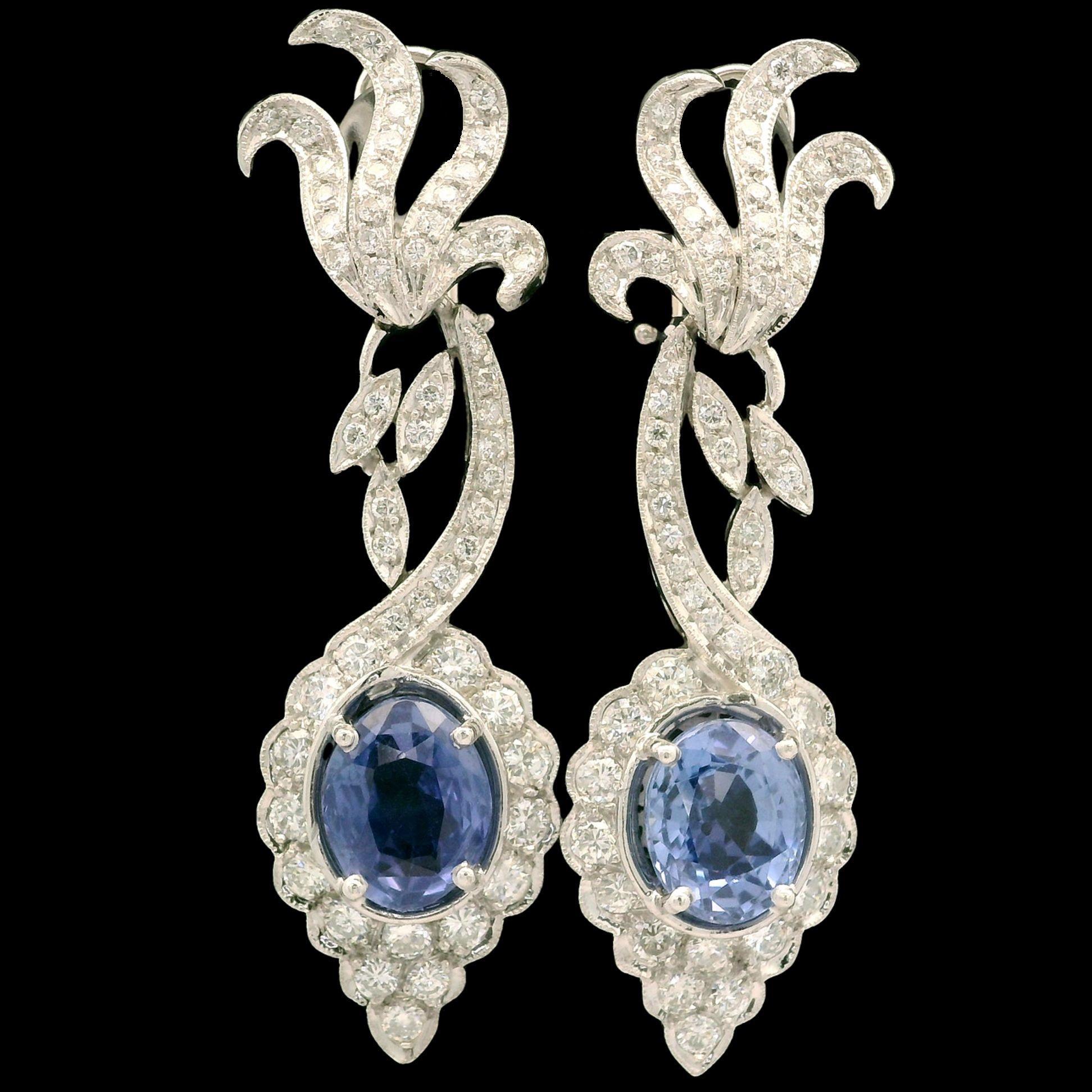 Oval Cut White Gold GIA 11.9ctw No Heat Sapphire & Diamond Floral Dangle Drop Earrings For Sale