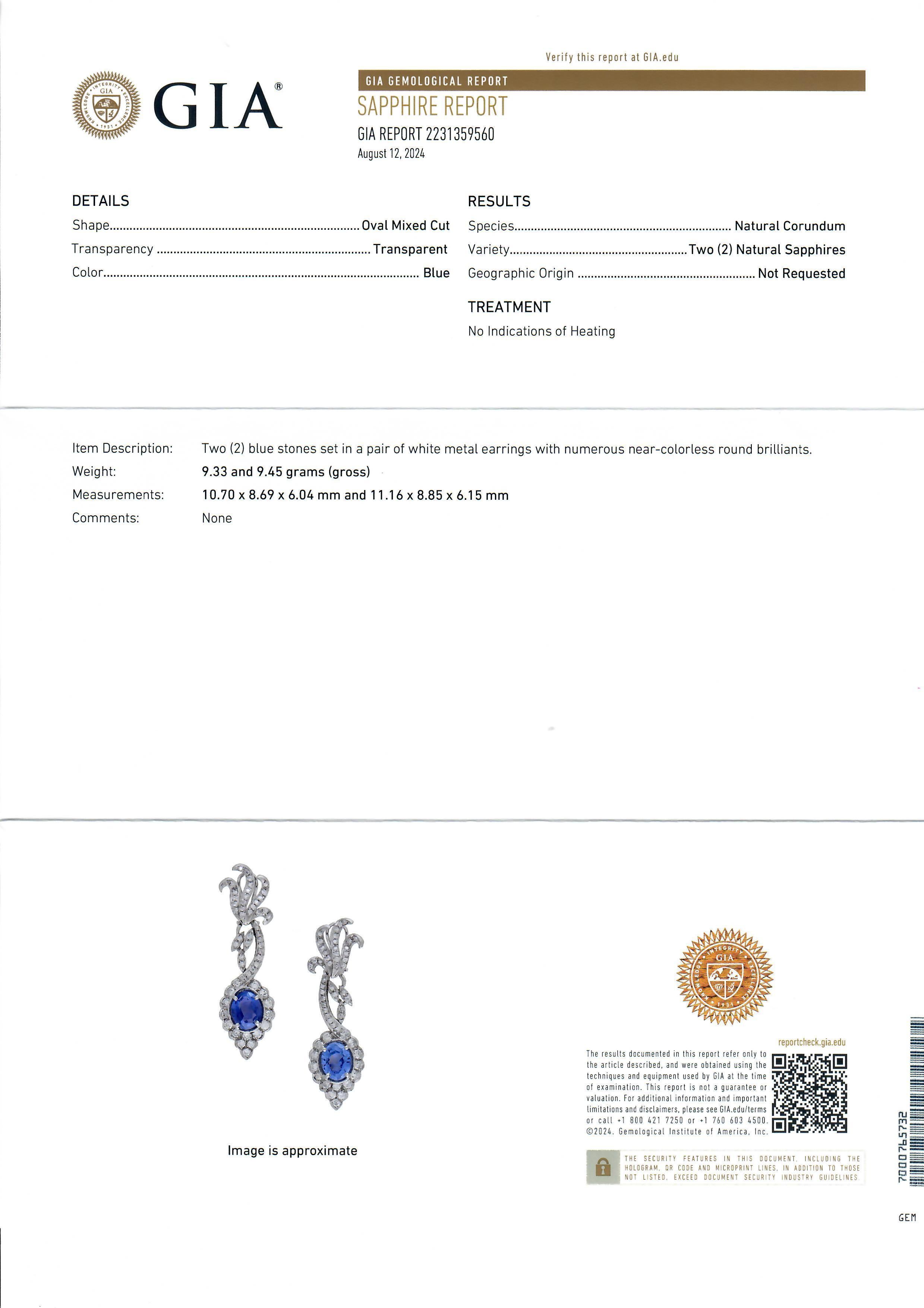 White Gold GIA 11.9ctw No Heat Sapphire & Diamond Floral Dangle Drop Earrings In Good Condition For Sale In Montclair, NJ