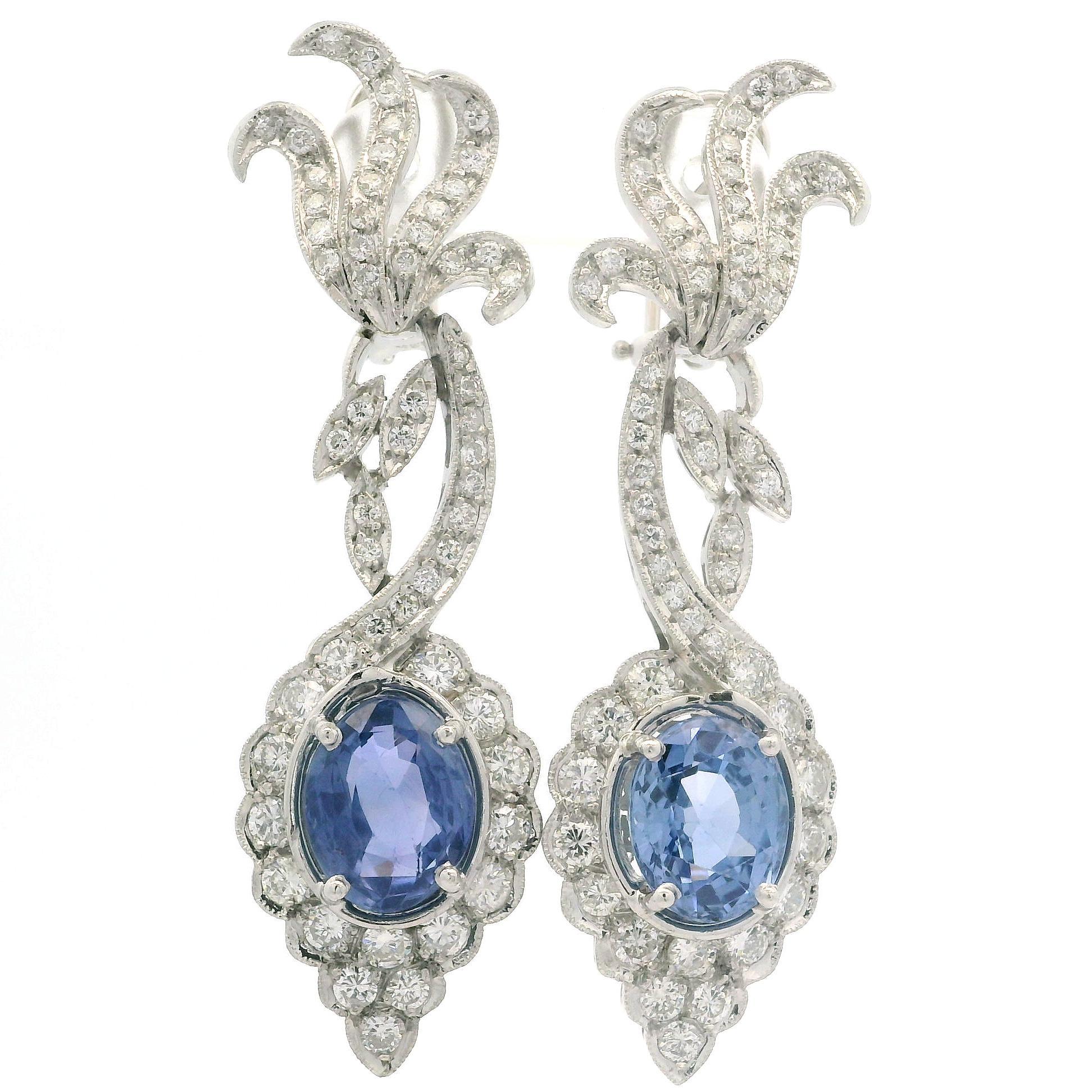 Women's White Gold GIA 11.9ctw No Heat Sapphire & Diamond Floral Dangle Drop Earrings For Sale