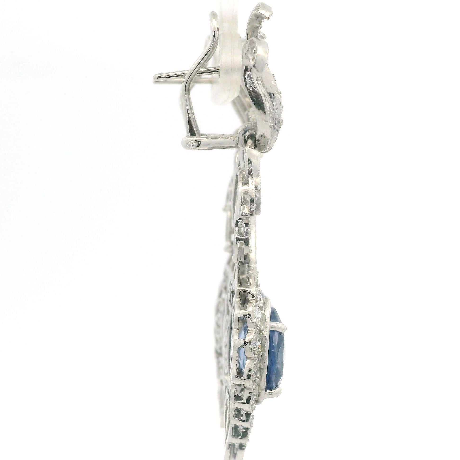 White Gold GIA 11.9ctw No Heat Sapphire & Diamond Floral Dangle Drop Earrings For Sale 2