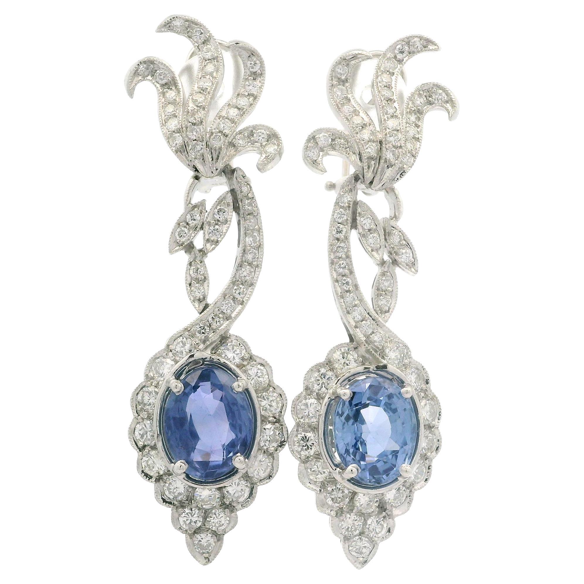White Gold GIA 11.9ctw No Heat Sapphire & Diamond Floral Dangle Drop Earrings