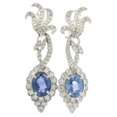 Pendientes Colgantes Florales de Zafiro y Diamantes de Oro Blanco GIA 11.9ctw Sin Calor