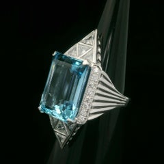 White Gold GIA 12.40ctw High Quality Aquamarine Trillion Diamond Geometric Ring
