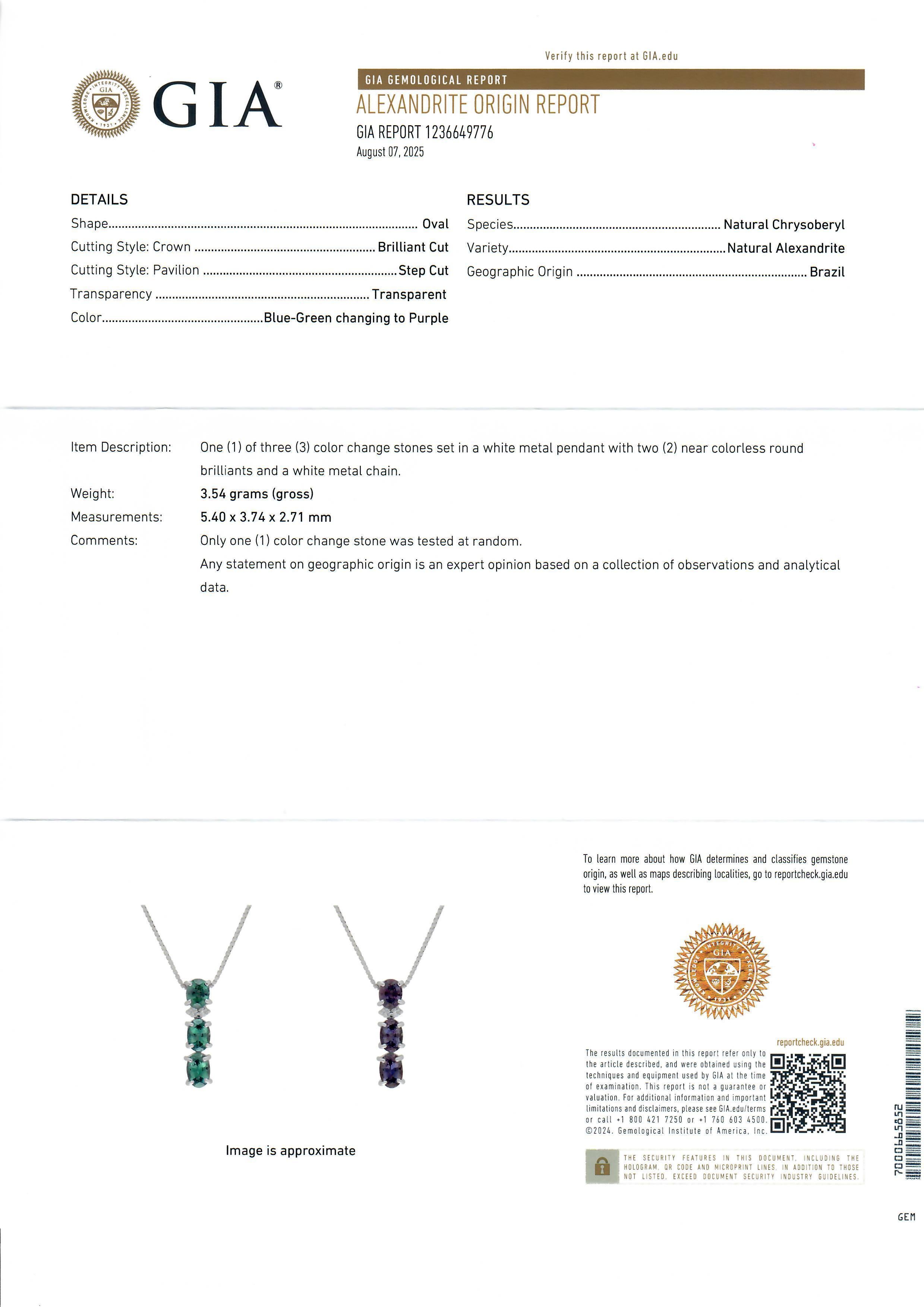 White Gold GIA 1.27ctw Oval Brazil Alexandrite Diamond 3 Stone Pendant Necklace For Sale 1