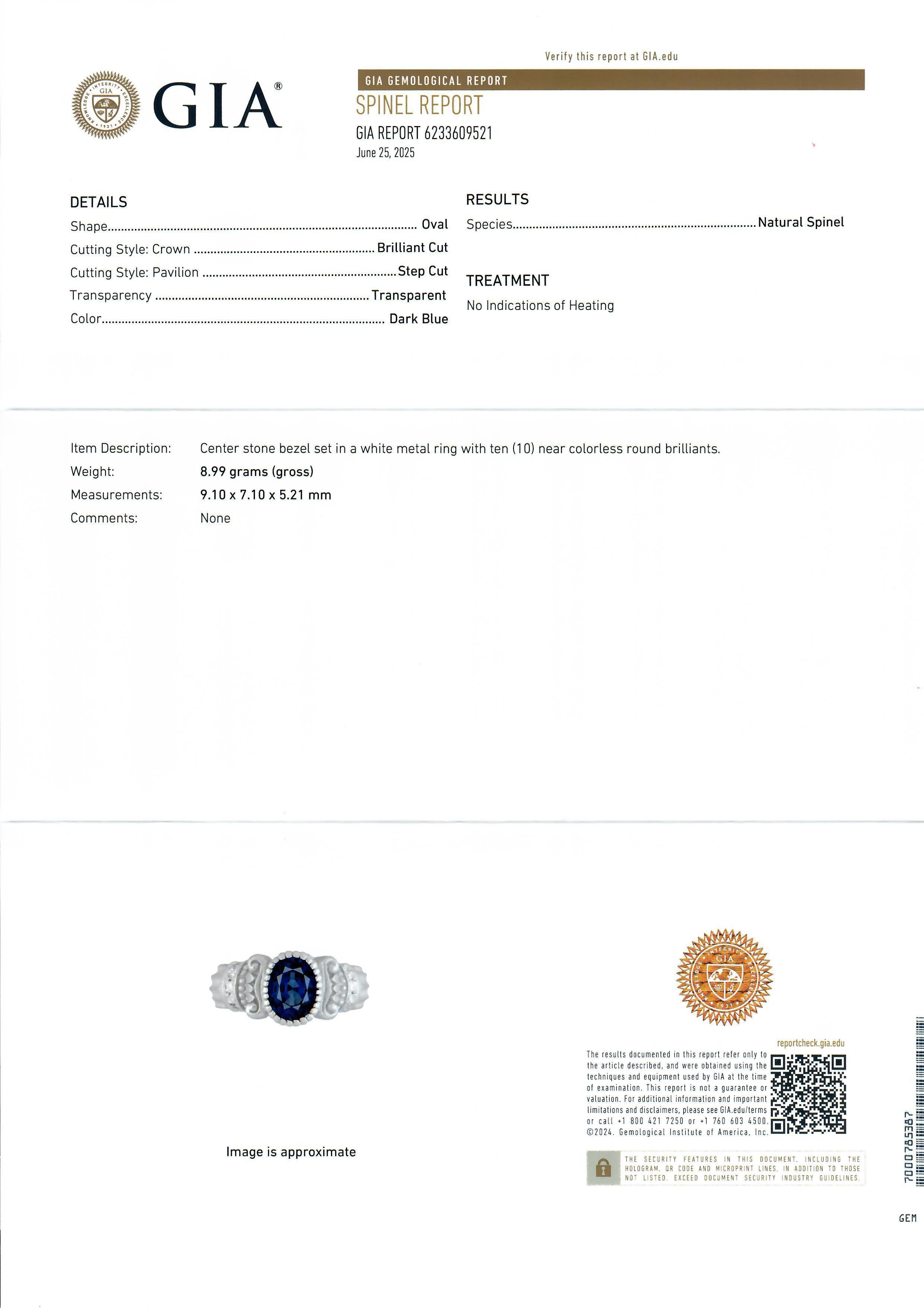 Oro Blanco GIA 2.55ct Rara Espinela Azul Oscura Diamante Chorro de Arena Columna Mate Anillo en venta 1