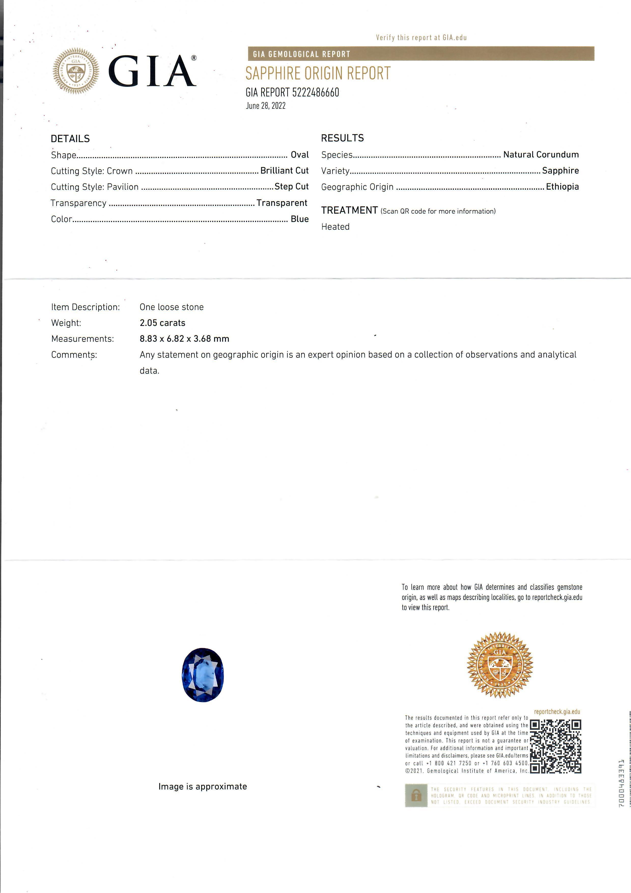--Stone(s):--
(2) Natural Genuine Sapphires - Oval Cut - Prong Set - Royal Blue Color - 4.10ctw (exact certified)
** See Report Details Below for Complete Info on the Sapphires **
(2) Natural Genuine Diamonds - Round Brilliant Cut - Prong Set - F/G