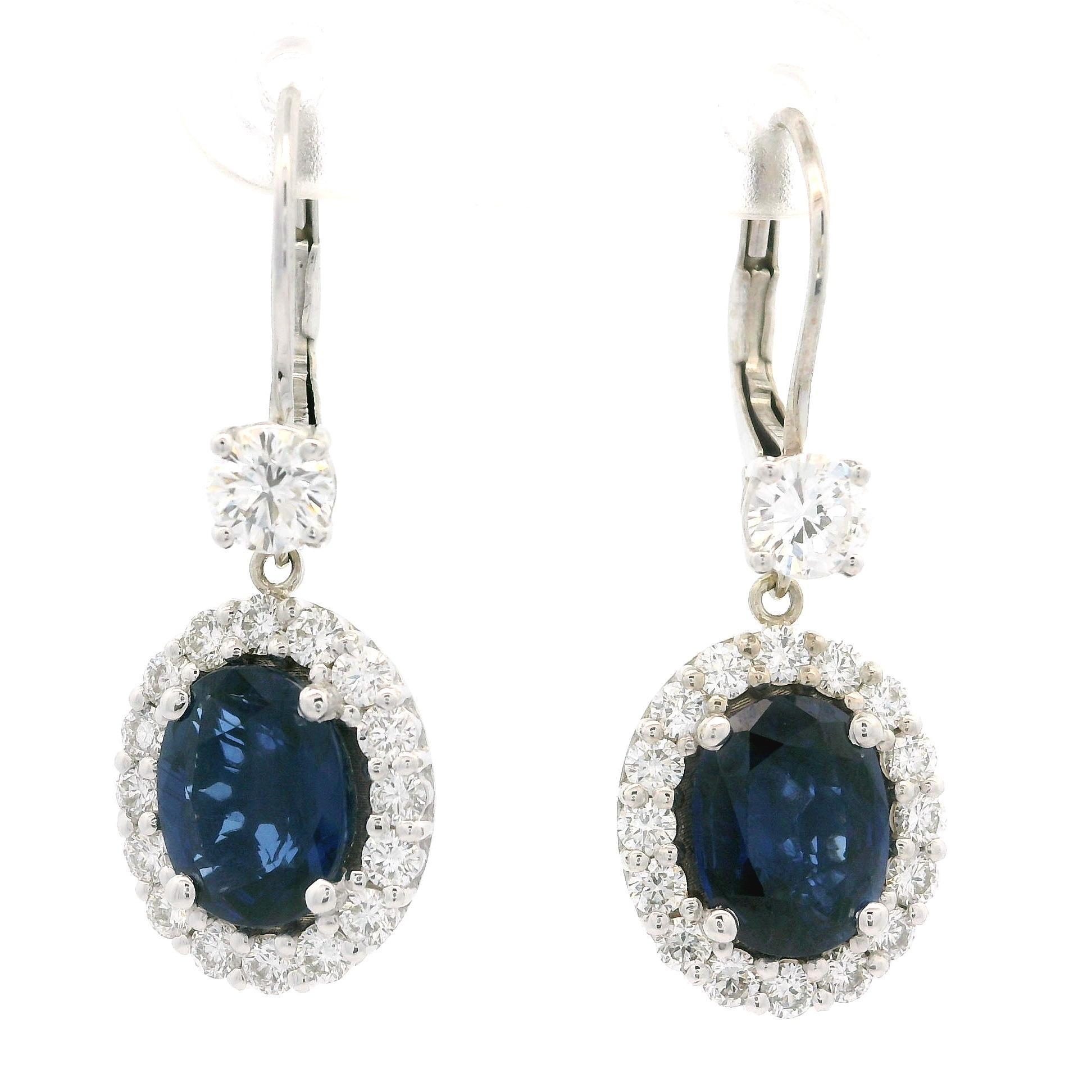 White Gold GIA 5.55ctw Large Oval Sapphire & Diamond Drop Dangle Lever Earrings In Excellent Condition For Sale In Montclair, NJ