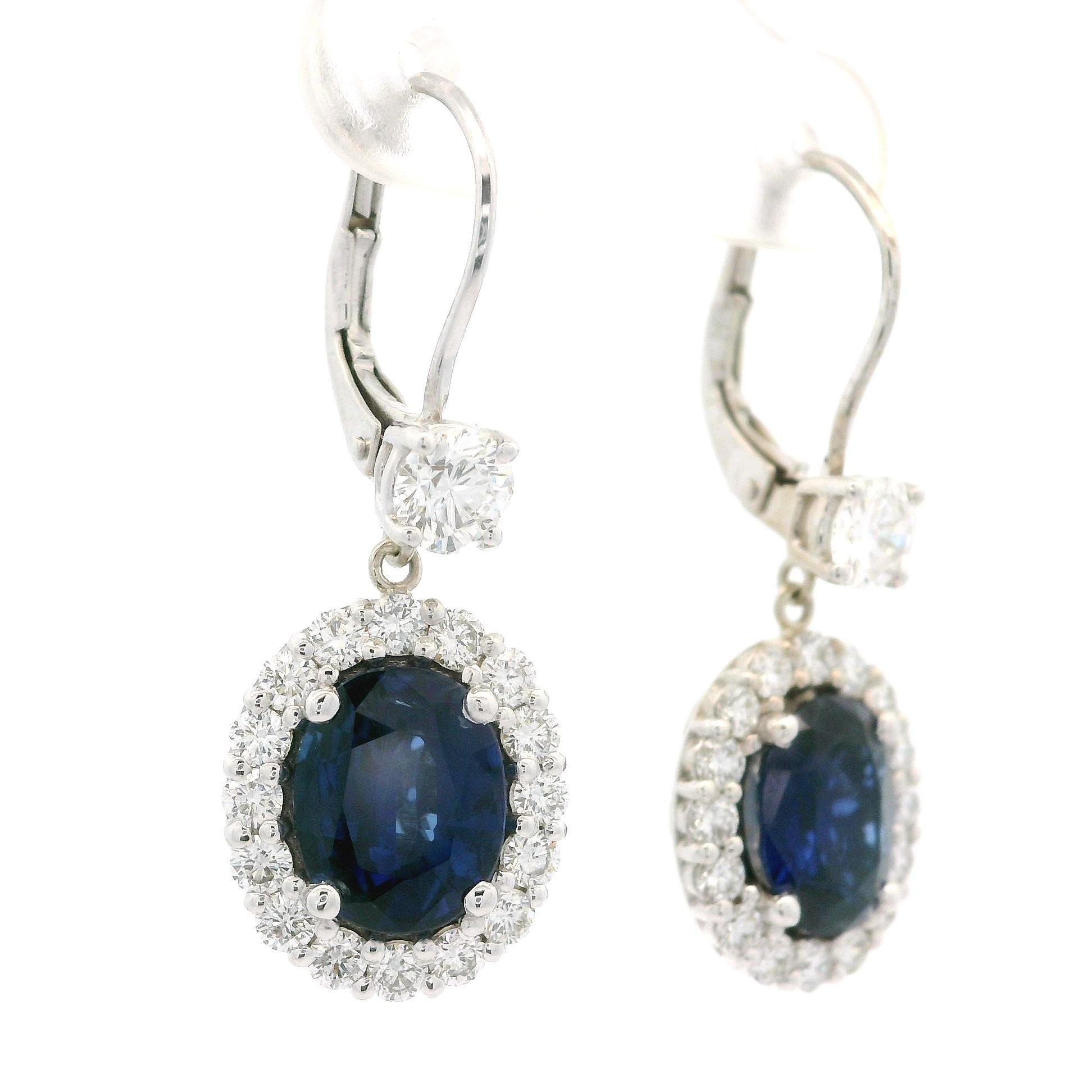 Women's White Gold GIA 5.55ctw Large Oval Sapphire & Diamond Drop Dangle Lever Earrings For Sale