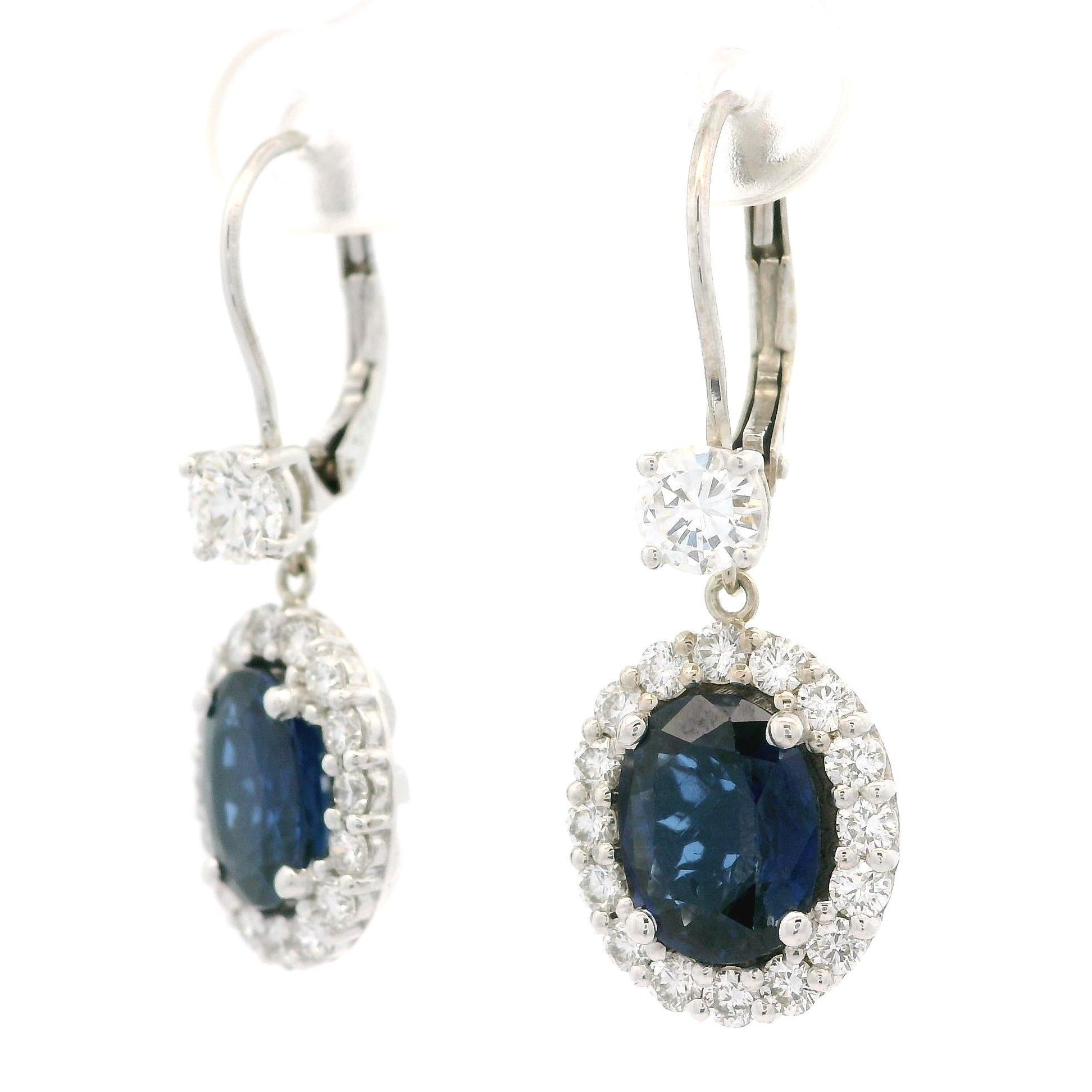 White Gold GIA 5.55ctw Large Oval Sapphire & Diamond Drop Dangle Lever Earrings For Sale 1