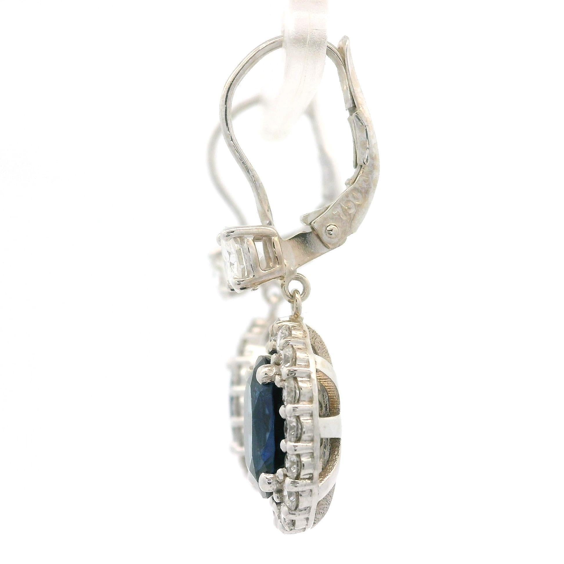 White Gold GIA 5.55ctw Large Oval Sapphire & Diamond Drop Dangle Lever Earrings For Sale 2
