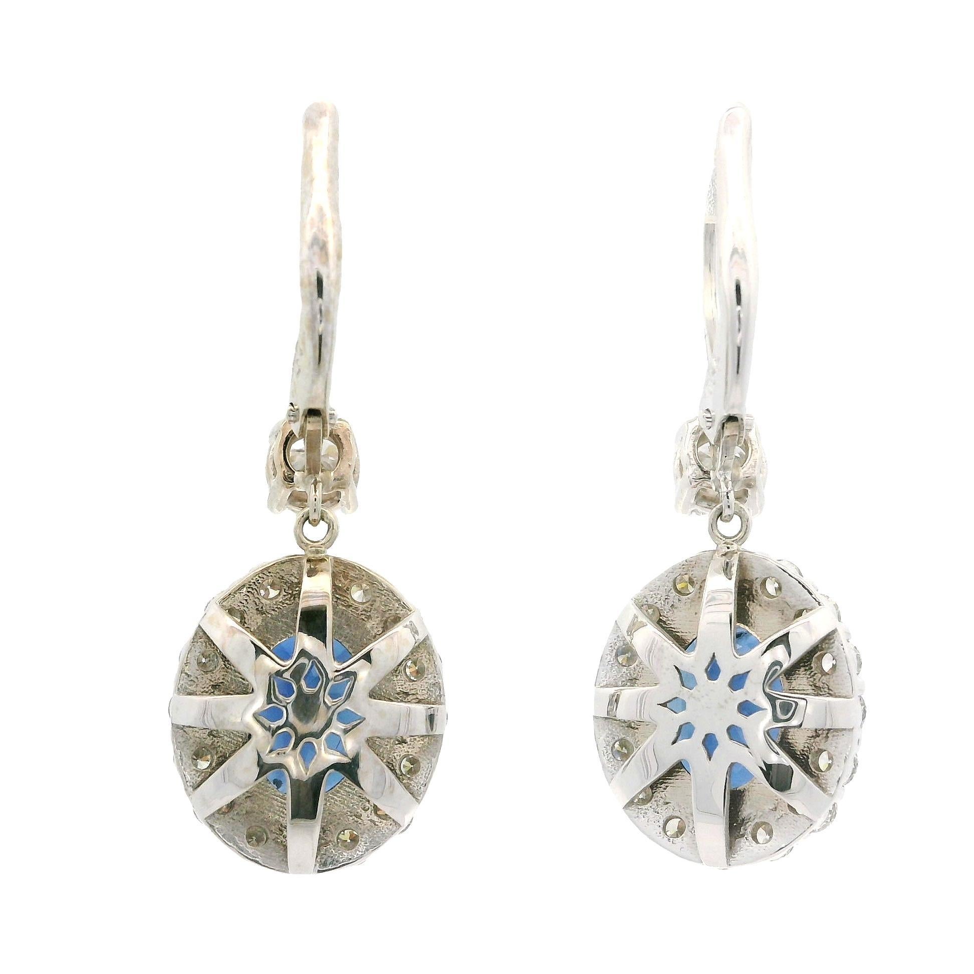 White Gold GIA 5.55ctw Large Oval Sapphire & Diamond Drop Dangle Lever Earrings For Sale 3