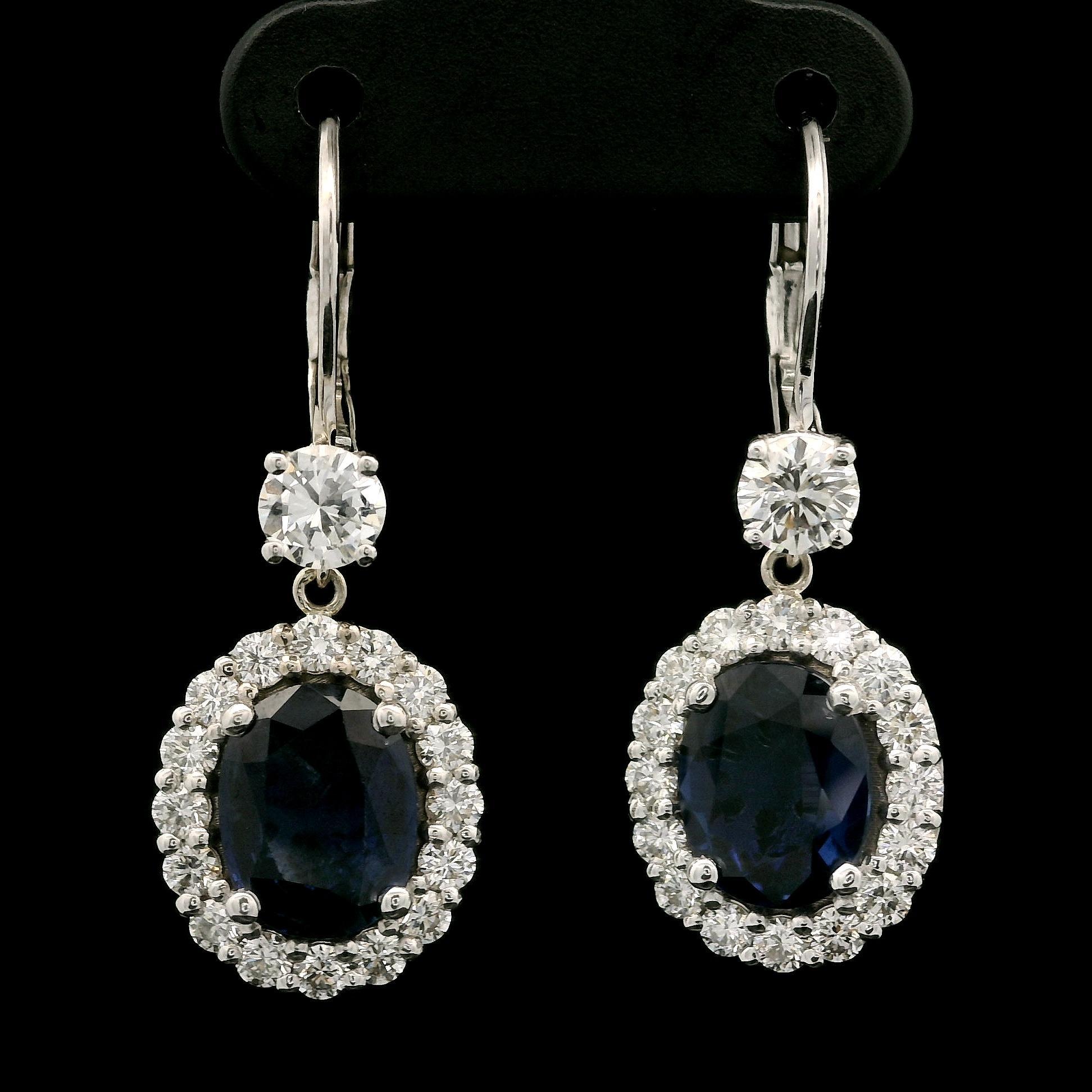 White Gold GIA 5.55ctw Large Oval Sapphire & Diamond Drop Dangle Lever Earrings For Sale 4