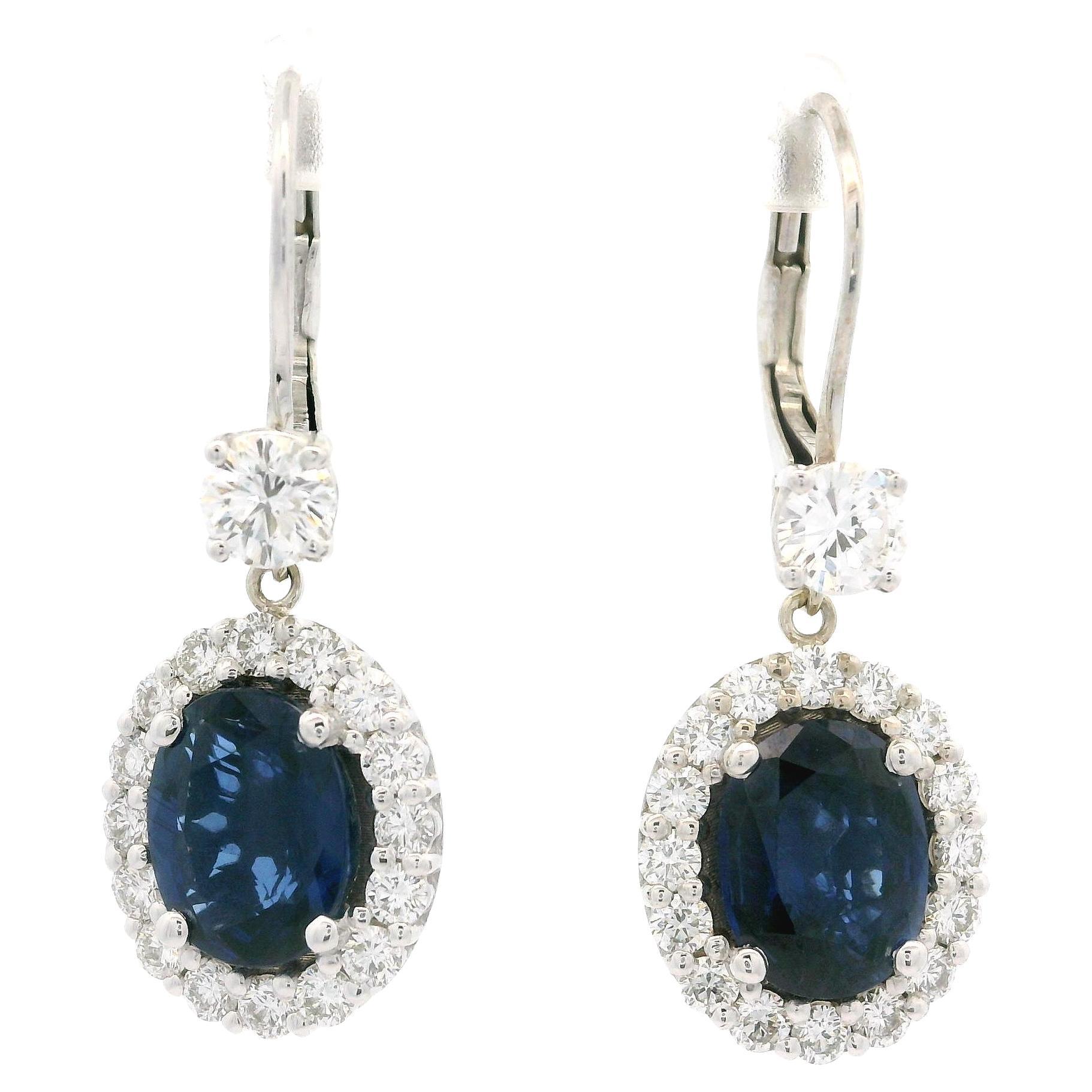 White Gold GIA 5.55ctw Large Oval Sapphire & Diamond Drop Dangle Lever Earrings For Sale