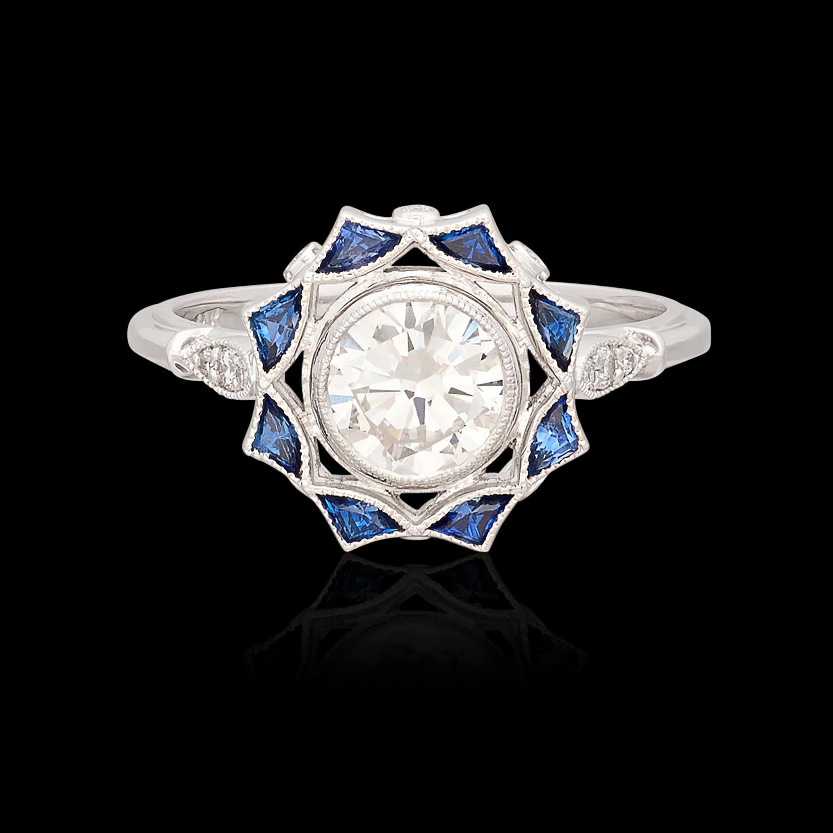 Art Deco White Gold GIA Diamond & Sapphire Engagement Ring For Sale