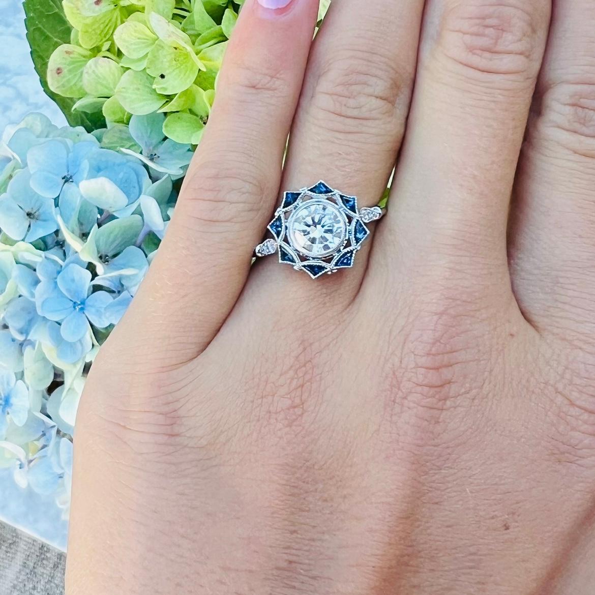 Round Cut White Gold GIA Diamond & Sapphire Engagement Ring For Sale
