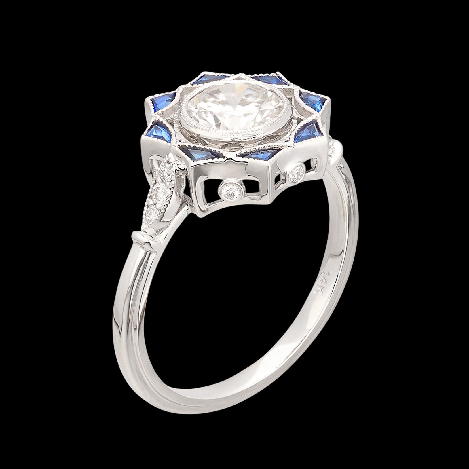 White Gold GIA Diamond & Sapphire Engagement Ring In New Condition For Sale In San Francisco, CA