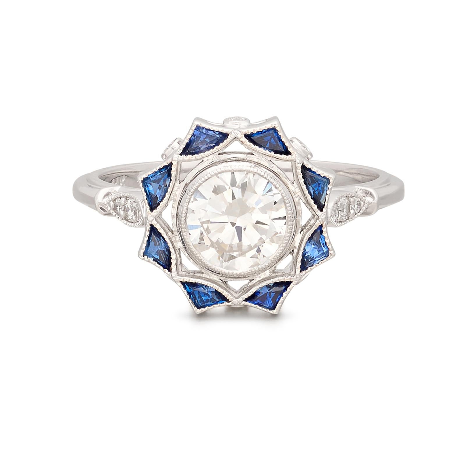 White Gold GIA Diamond & Sapphire Engagement Ring For Sale 2