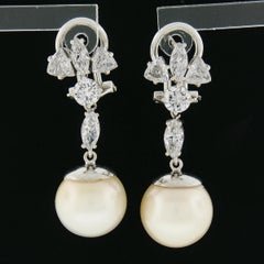 White Gold GIA Large Saltwater Cultured Pearl & Diamond Dangle Drop Earrings