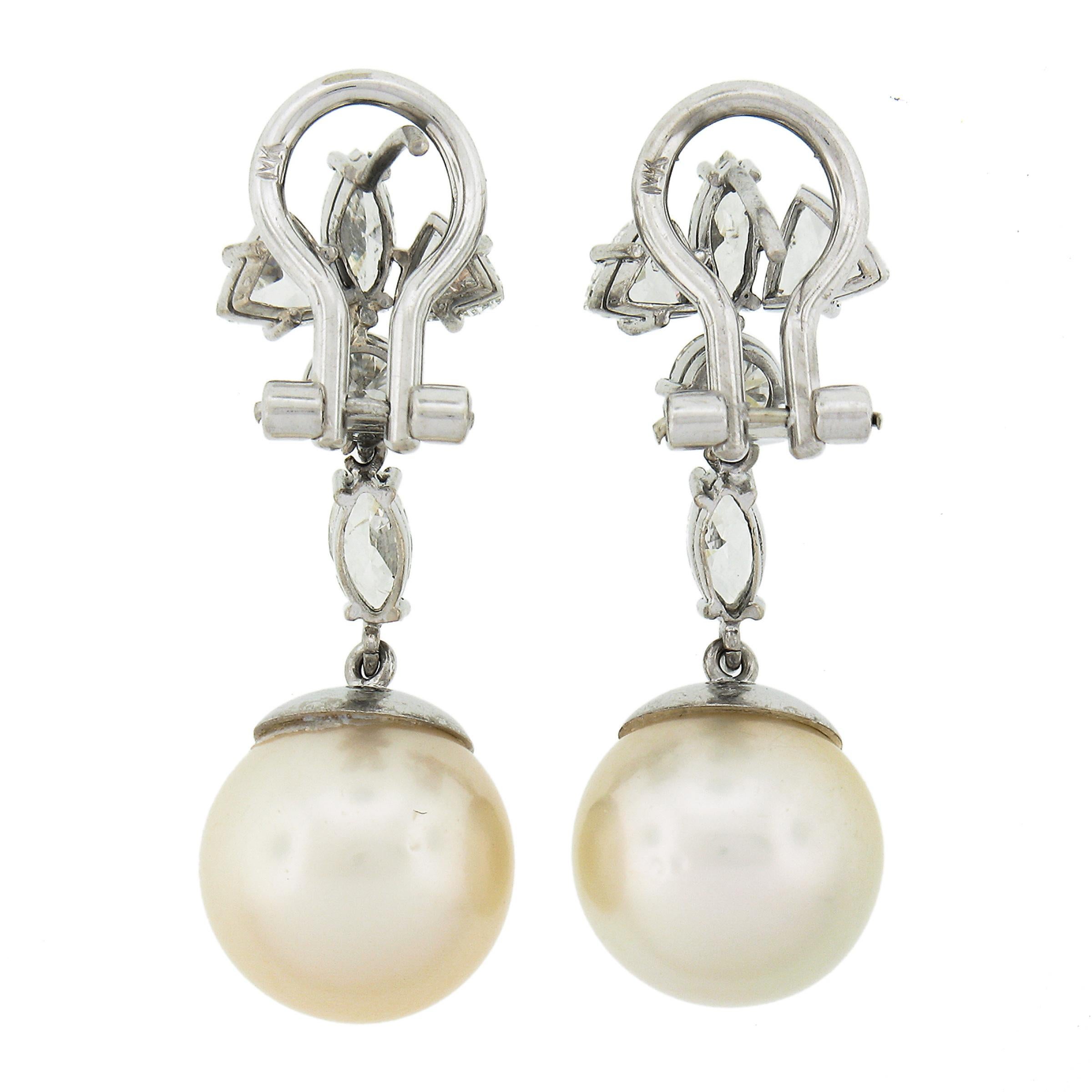 Round Cut White Gold GIA Large Saltwater Cultured Pearl & Diamond Dangle Drop Earrings For Sale