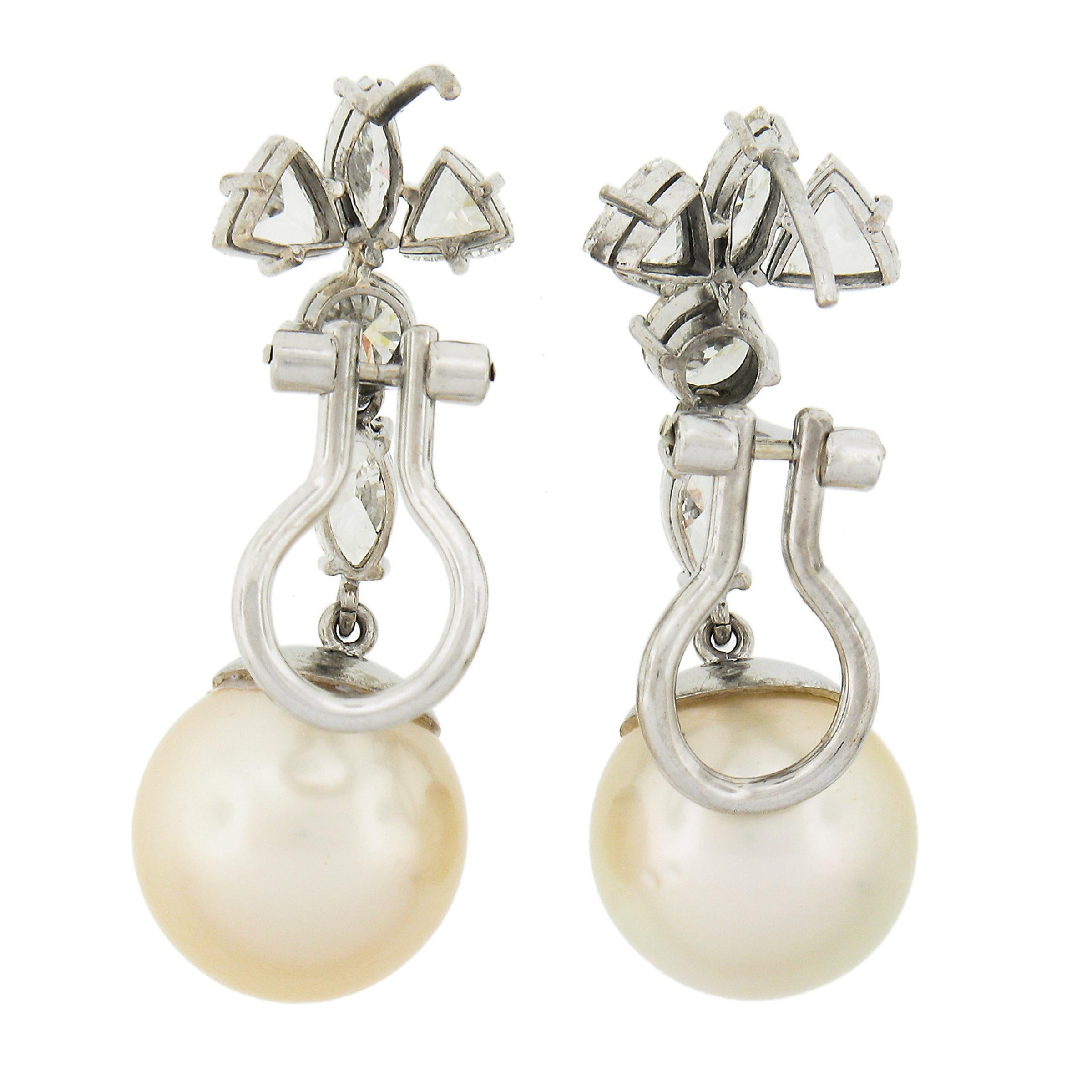 White Gold GIA Large Saltwater Cultured Pearl & Diamond Dangle Drop Earrings In Good Condition For Sale In Montclair, NJ