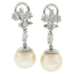 White Gold GIA Large Saltwater Cultured Pearl & Diamond Dangle Drop Earrings