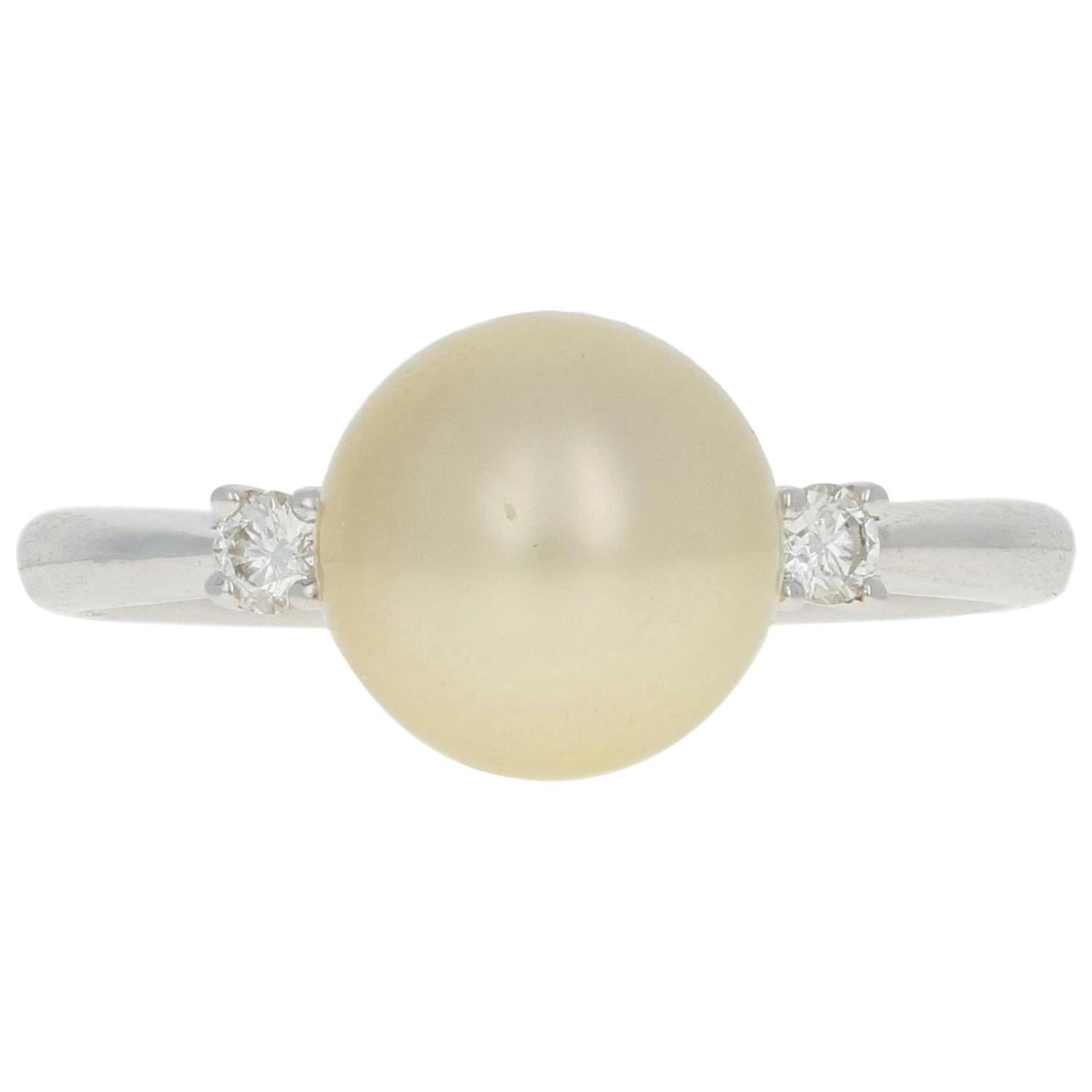 White Gold Golden South Seas Pearl and Diamond Ring, 18k Solitaire with Accents