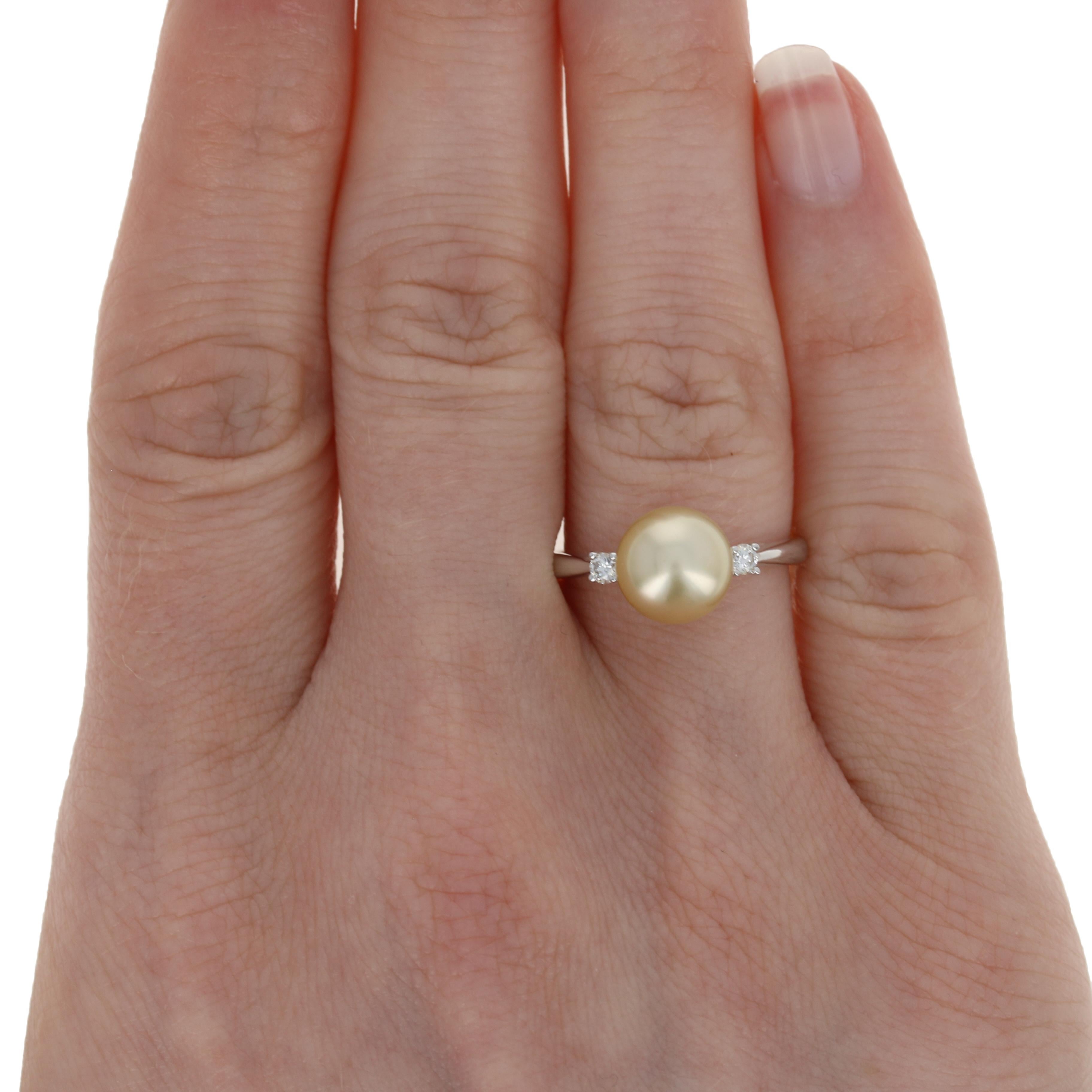 Round Cut White Gold Golden South Seas Pearl and Diamond Ring, 18k Solitaire with Accents For Sale