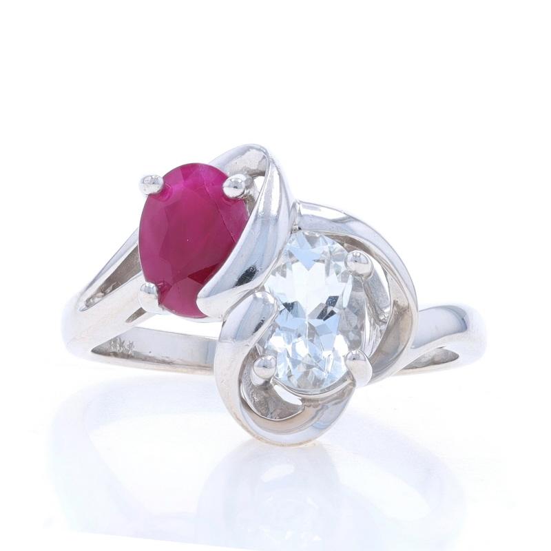 Size: 6
Sizing Fee: Up 2 1/2 sizes for $30 or Down 1 1/2 sizes for $30

Metal Content: 14k White Gold

Stone Information

Natural Goshenite
Carat(s): .62ct
Cut: Oval
Color: Colorless

Natural Ruby
Treatment: Heating
Carat(s): .60ct
Cut: Oval
Color: