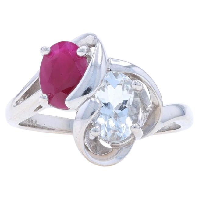 White Gold Goshenite & Ruby Two-Stone Bypass Ring - 14k Oval 1.22ctw Ribbon For Sale