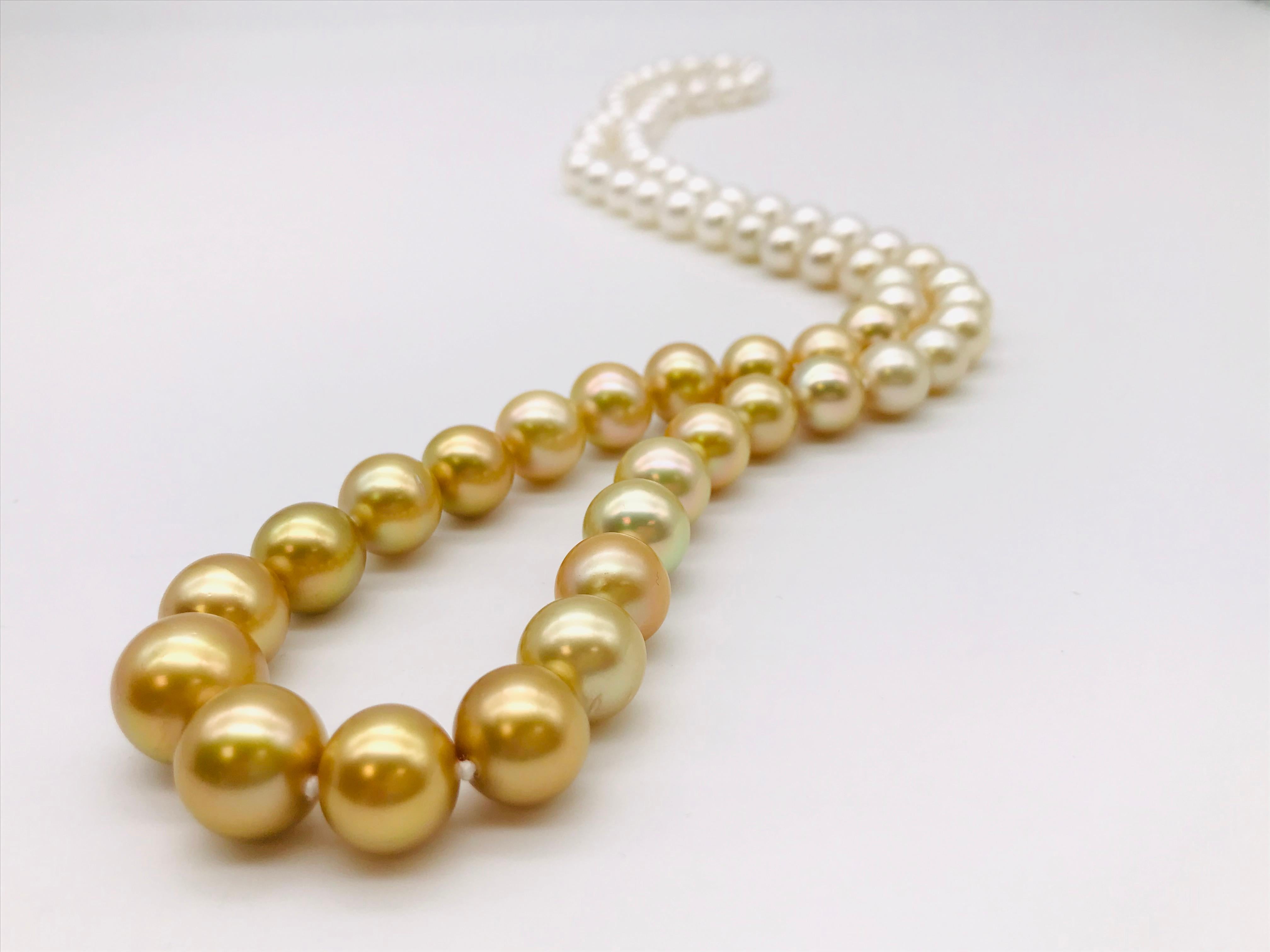 White Gold Gradient South Sea Long Pearl Necklace
73 pearls 15 mm / 10 mm 
South Sea Pearls White and Gold Gradient 
Length 85 cm 
Exceptional quality