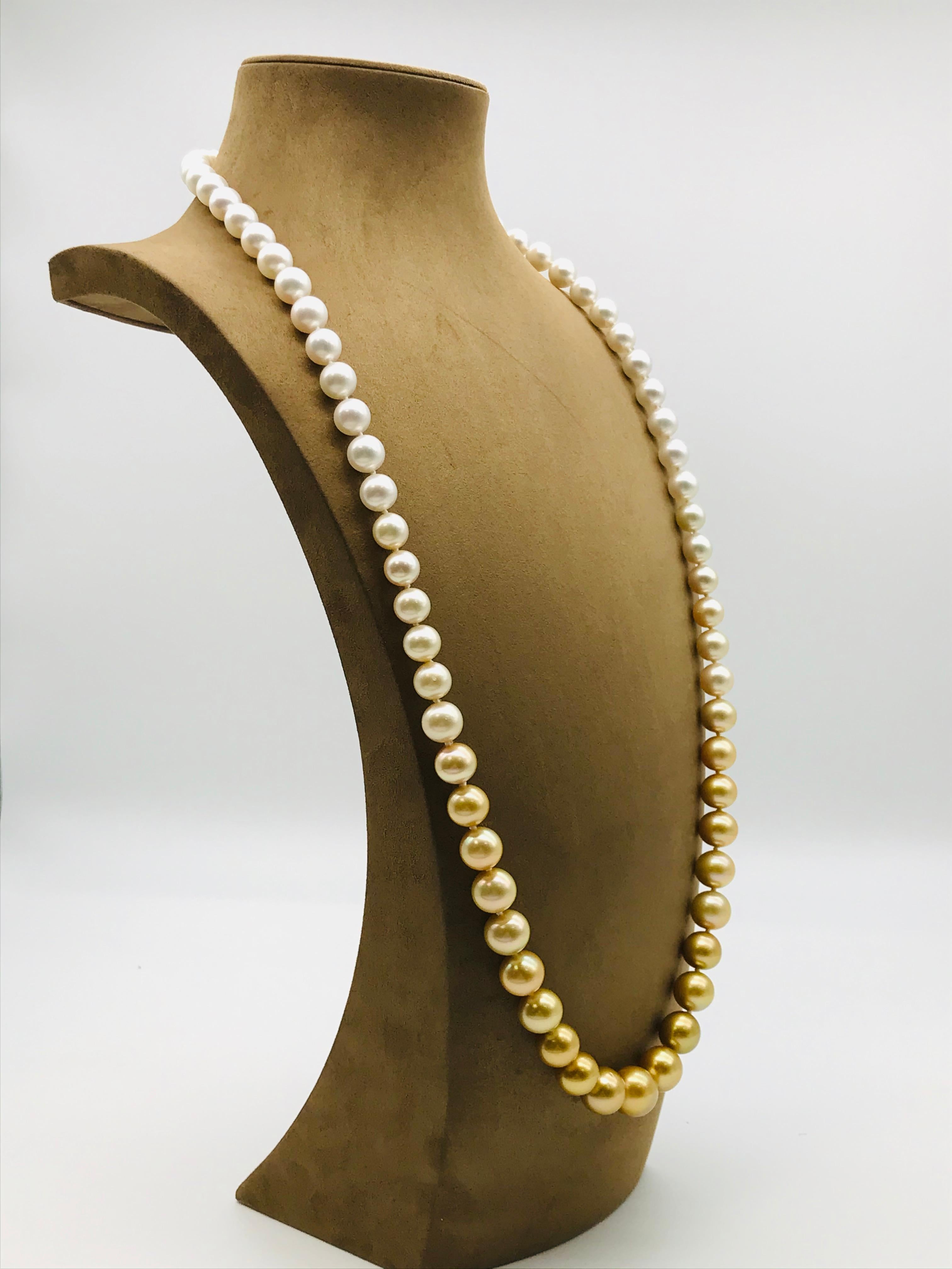 Contemporary  Long pearl necklace from white to gold color