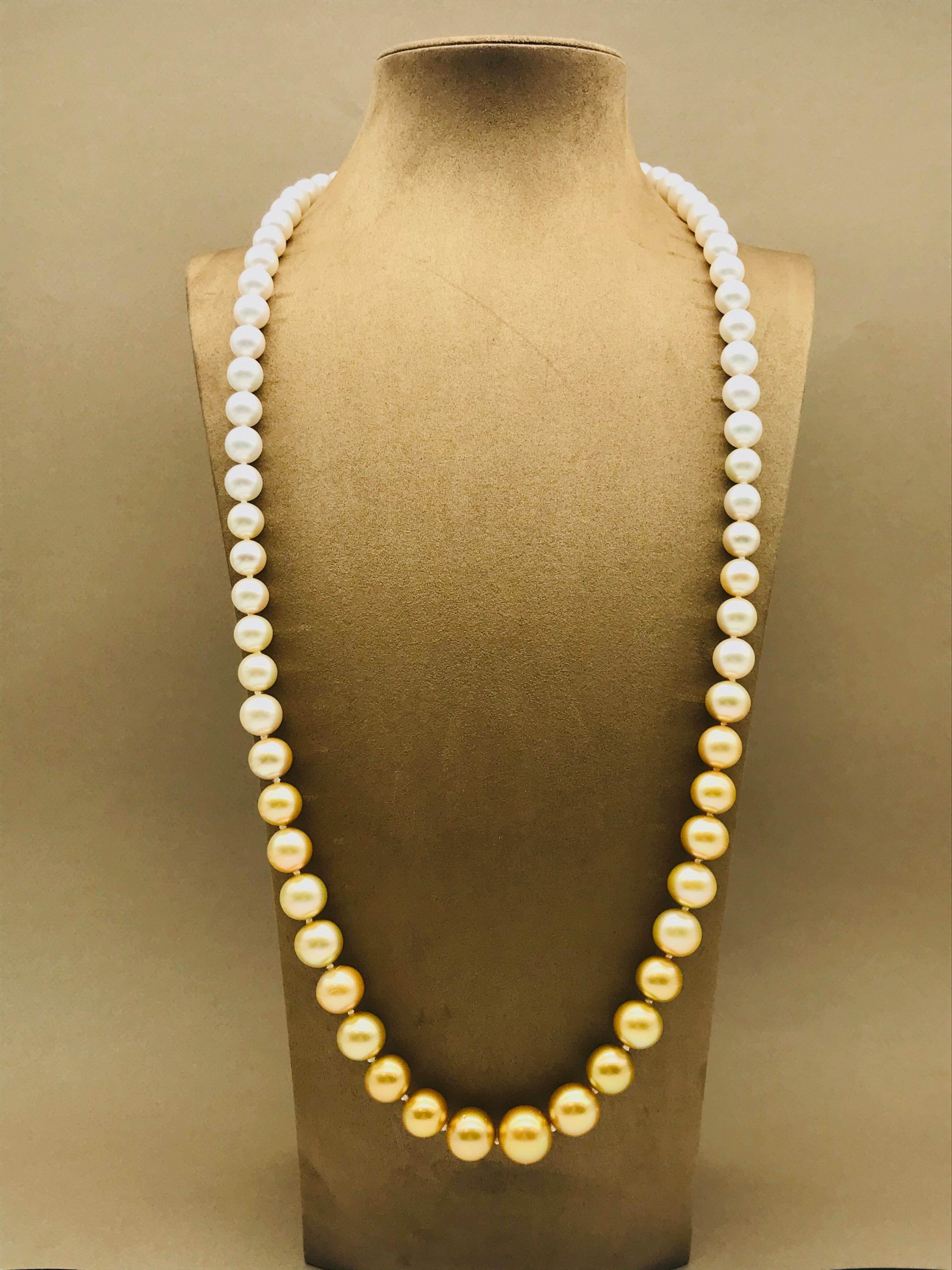 Round Cut  Long pearl necklace from white to gold color