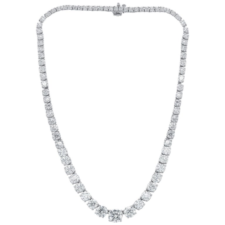 Round Cut White Gold Graduated 24.35 Carat Diamond Tennis Necklace For Sale