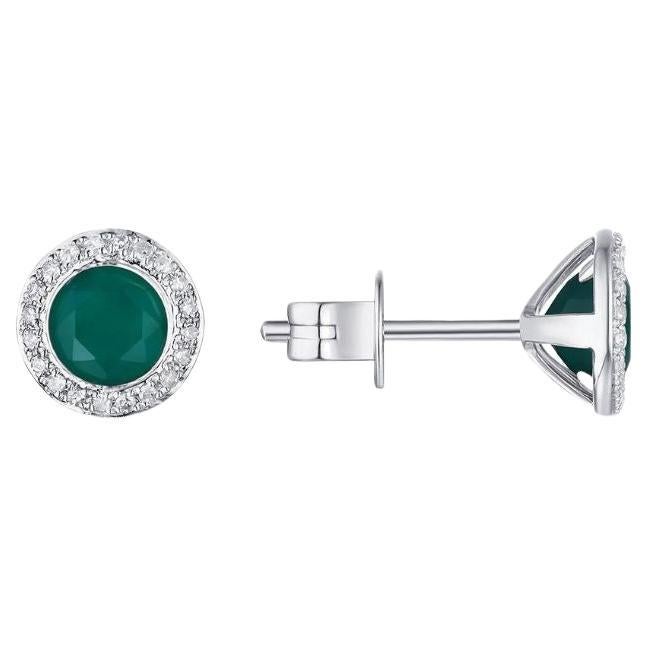 White Gold Green Agate and Diamonds Stud Earrings For Sale