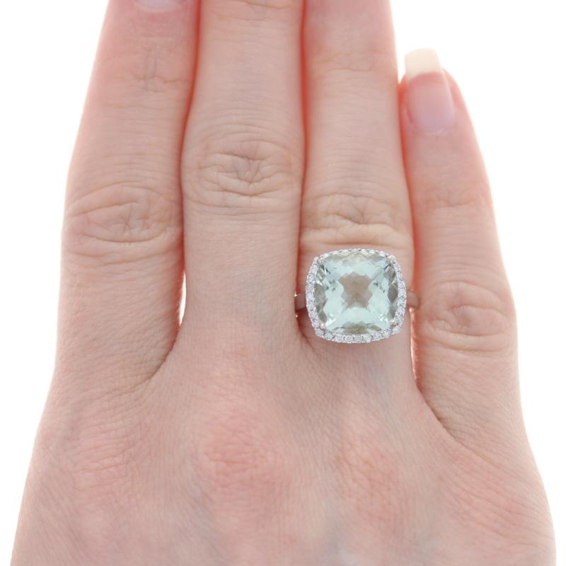 Size: 5 1/4
Sizing Fee: Down 1 or up 2 for $50

Metal Content: 14k White Gold

Stone Information
Natural Quartz/Prasiolite
Carat: 6.80ct
Cut: Square Cushion Checkerboard
Color: Green

Natural Diamonds
Carats: .33ctw
Cut: Round Brilliant
Color: H -