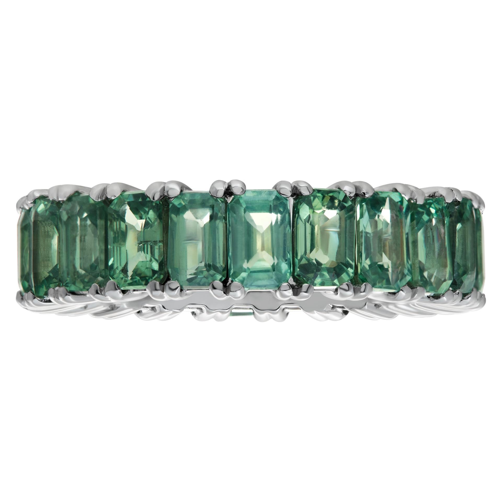Green sapphire eternity band in 14k white gold, with 8.76 carats in green sapphires. Size 7
