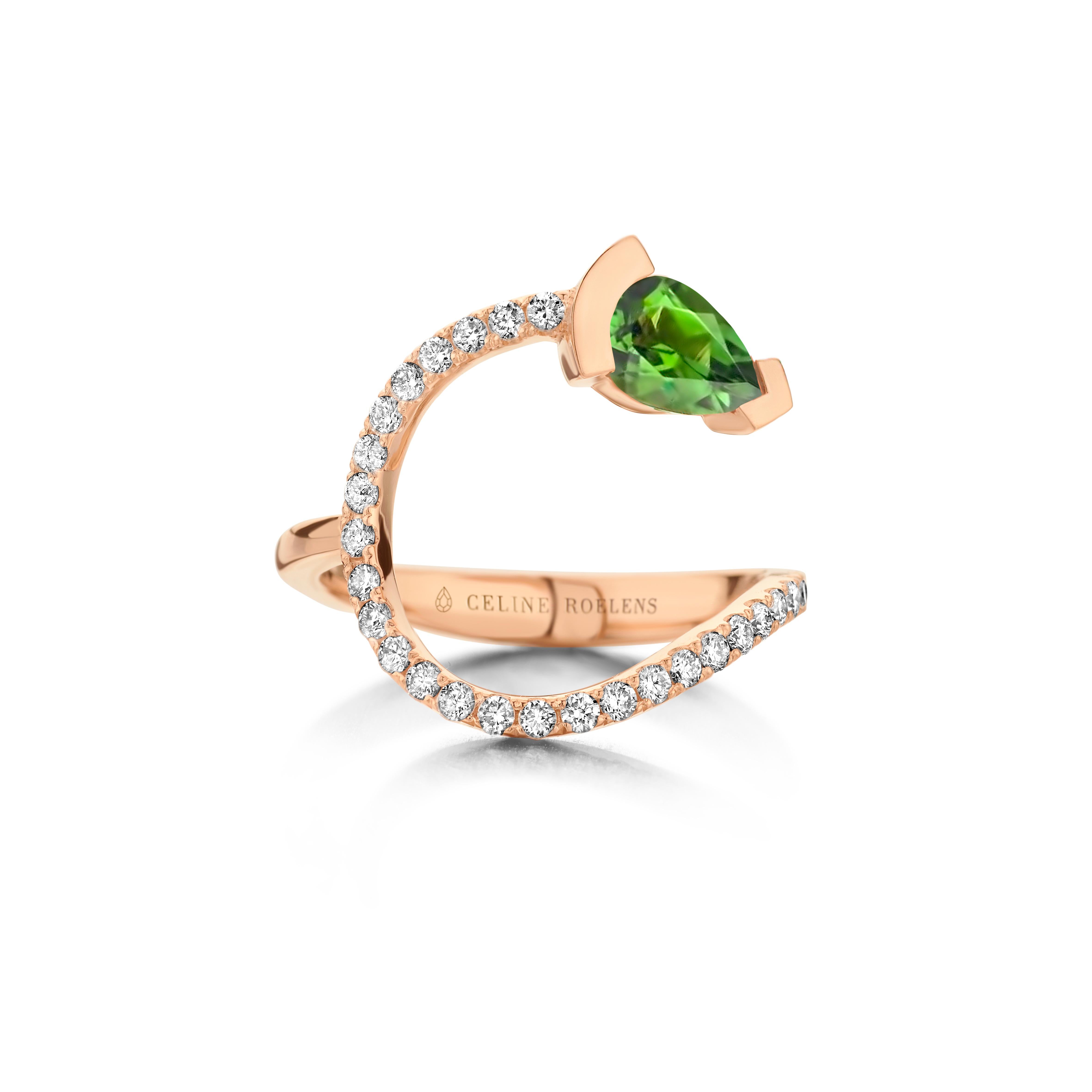 ADELINE curved ring in 18Kt white gold set with a pear shaped Green tourmaline and 0,33 Ct of white brilliant cut diamonds - VS F quality.